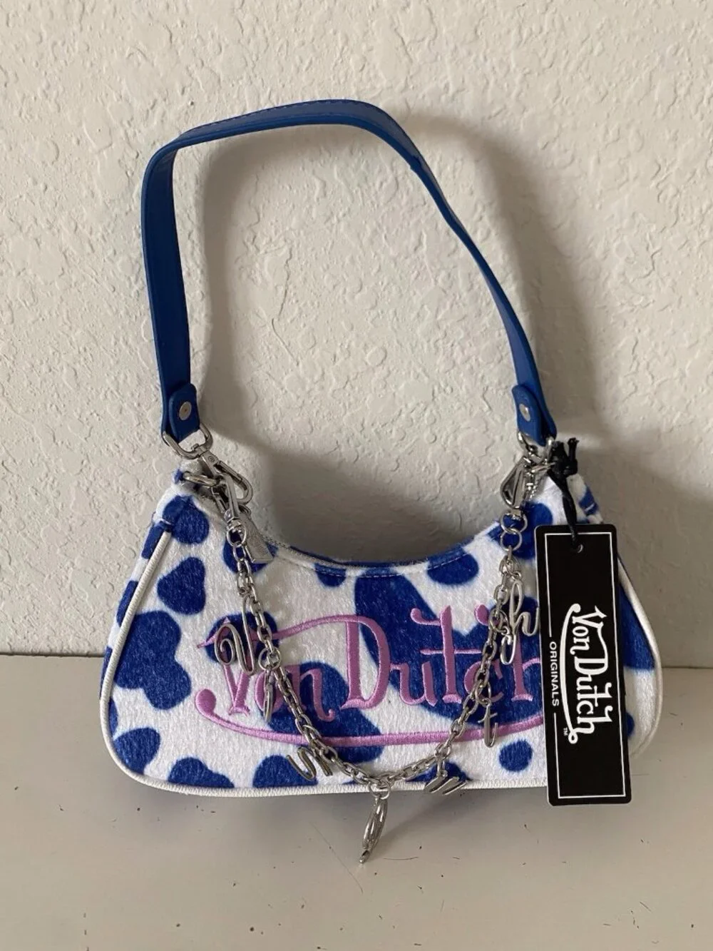 Von Dutch Vegan Pony Hair Blue Cow‎ Print Shoulder Bag W/Charms NEW